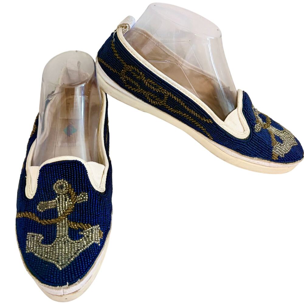 Vintage Beadz Anchors Aweigh Beaded Leather Nautical Loafers Boat Shoes Preppy 8